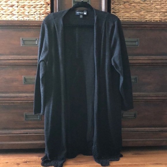 Antthony Sweaters - Antthony long black open front cardigan with lace detailing in size 1X